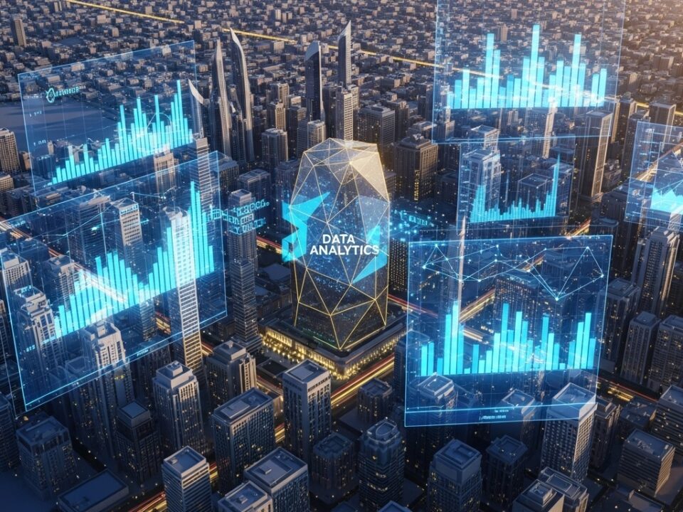 مخططات مالية شفافة فوق مباني الرياض ثلاثية الأبعاد تعكس نجاح المشاريع الاستثمارية