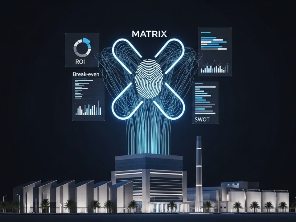 صورة ثلاثية الأبعاد لمصنع مضيء في السعودية تحيط به مؤشرات تحليلية توضح احترافية Matrix في تقديم دراسة جدوى مشروع صناعي في السعودية