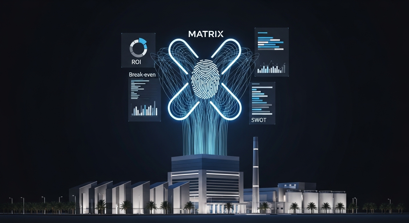 صورة ثلاثية الأبعاد لمصنع مضيء في السعودية تحيط به مؤشرات تحليلية توضح احترافية Matrix في تقديم دراسة جدوى مشروع صناعي في السعودية