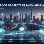 منظر مستقبلي لمدينة الرياض يبرز مشاريع لها مستقبل في السعودية مثل الطاقة الشمسية، الدفع الإلكتروني، الذكاء الاصطناعي، وإعادة التدوير، بأسلوب استشاري احترافي يعكس التحول الرقمي والتنمية المستدامة.