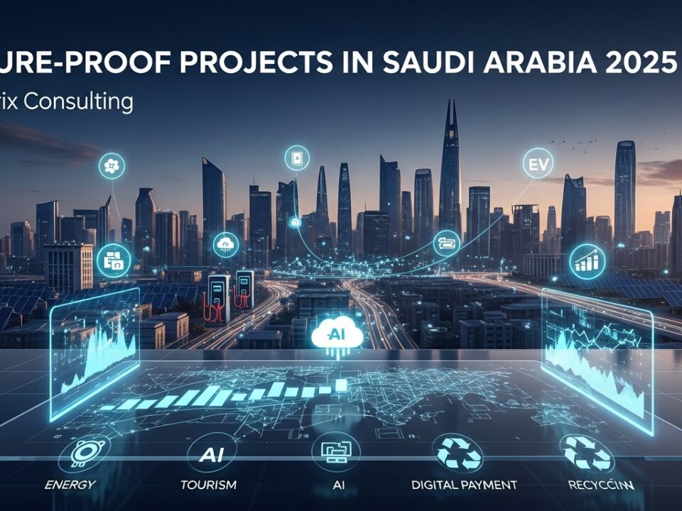منظر مستقبلي لمدينة الرياض يبرز مشاريع لها مستقبل في السعودية مثل الطاقة الشمسية، الدفع الإلكتروني، الذكاء الاصطناعي، وإعادة التدوير، بأسلوب استشاري احترافي يعكس التحول الرقمي والتنمية المستدامة.