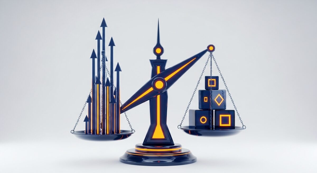 ميزان ثلاثي الأبعاد من زجاج مضيء يوازن بين مكعبات وأسهم تجريدية لتمثيل تقييم أفكار مشاريع.