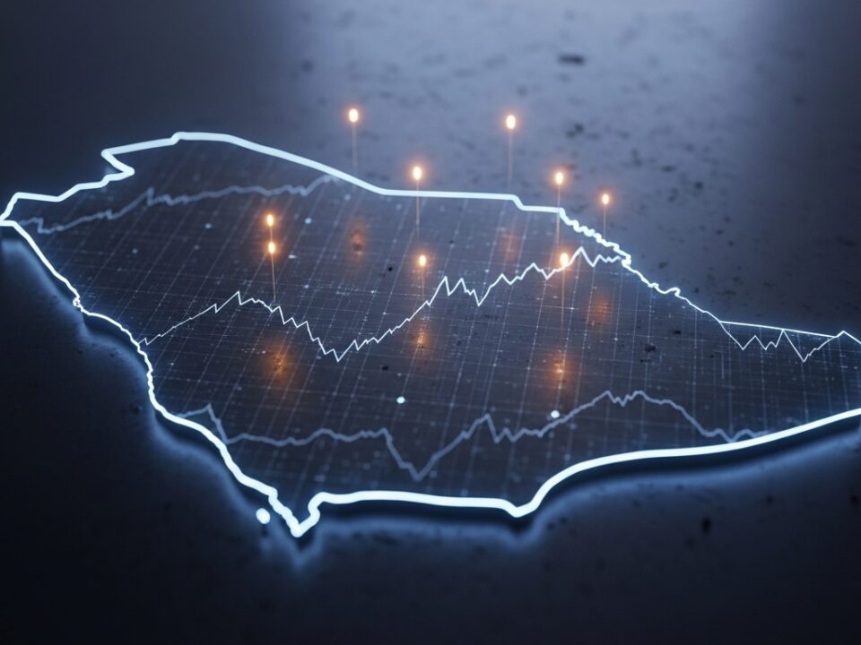 صورة ثلاثية الأبعاد بإضاءة سينمائية تُظهر خريطة السعودية بخطوط مضيئة وبؤر ذهبية تمثل المشاريع غير المنتشرة والفرص النادرة في المملكة لعام 2025.