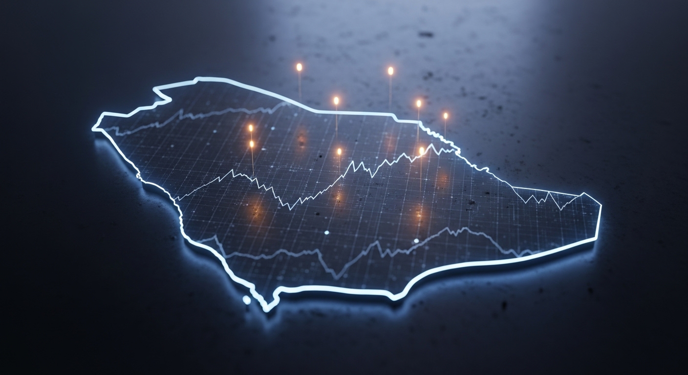 صورة ثلاثية الأبعاد بإضاءة سينمائية تُظهر خريطة السعودية بخطوط مضيئة وبؤر ذهبية تمثل المشاريع غير المنتشرة والفرص النادرة في المملكة لعام 2025.