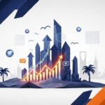 صورة ثلاثية الأبعاد حديثة تمثل أفكار مشاريع ناجحة في السعودية مع أسهم تصاعدية وأبراج تجريدية ترمز للنمو والاستثمار.
