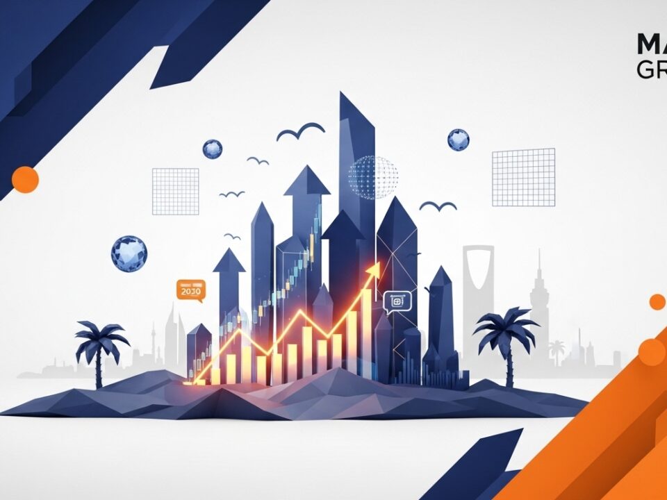 صورة ثلاثية الأبعاد حديثة تمثل أفكار مشاريع ناجحة في السعودية مع أسهم تصاعدية وأبراج تجريدية ترمز للنمو والاستثمار.