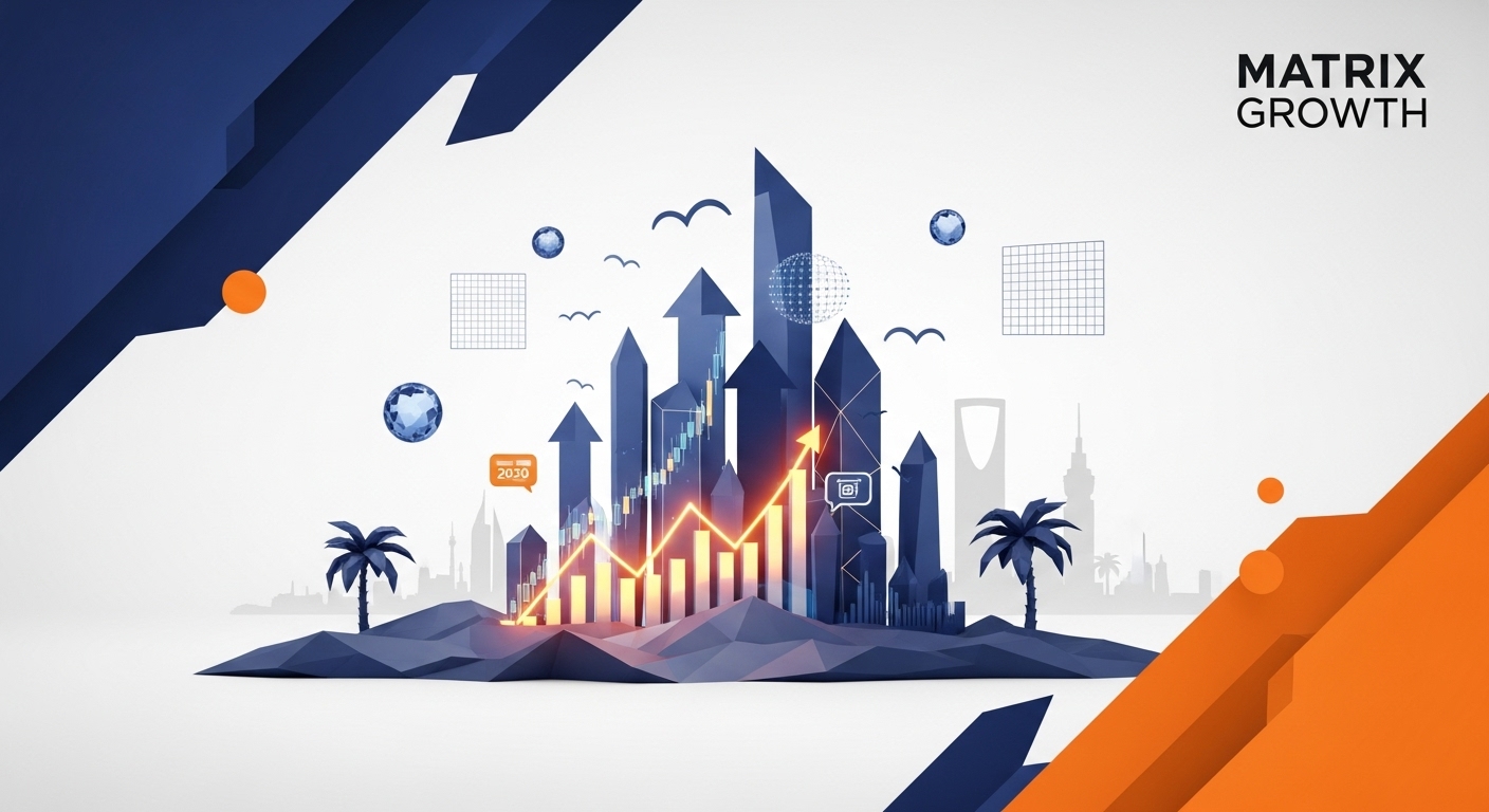 صورة ثلاثية الأبعاد حديثة تمثل أفكار مشاريع ناجحة في السعودية مع أسهم تصاعدية وأبراج تجريدية ترمز للنمو والاستثمار.