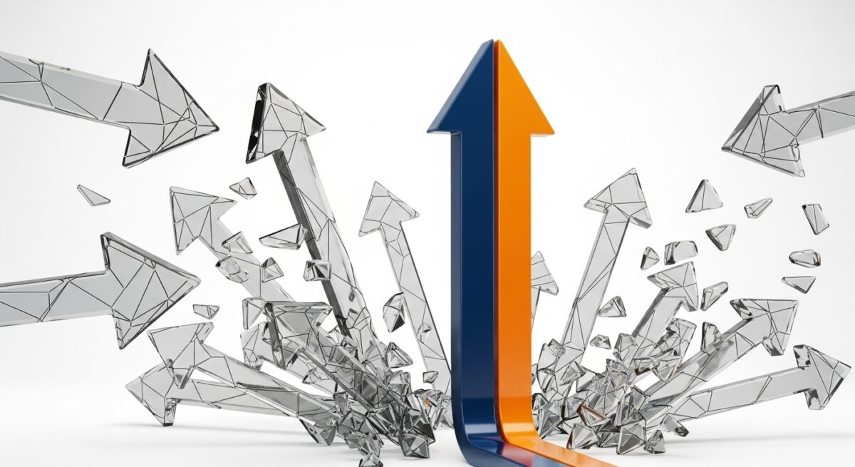 أسهم زجاجية ثلاثية الأبعاد متكسرة بجانب سهم قوي صاعد يرمز للاتجاه الصحيح.