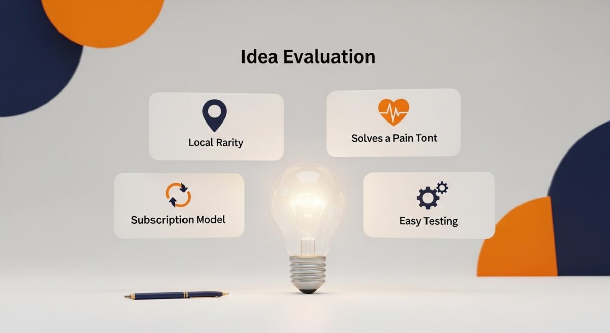 صورة ثلاثية الأبعاد توضح لوحة تقييم فكرة تتوسطها مصباح مضيء وأربع بطاقات تمثل معايير مشاريع لم تخطر على البال: الندرة، حل الألم، نموذج الاشتراك، وسهولة الاختبار.