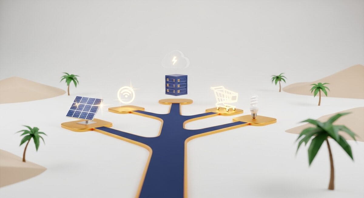 صورة ثلاثية الأبعاد لمسار رئيسي مضيء يتفرع إلى مسارات ذهبية صغيرة تنتهي بأيقونات مبتكرة مثل لوح شمسي، عربة تسوق، خادم سحابي، ومصباح موفّر للطاقة، تجسّد أفكار مشاريع غير منتشرة في السعودية.