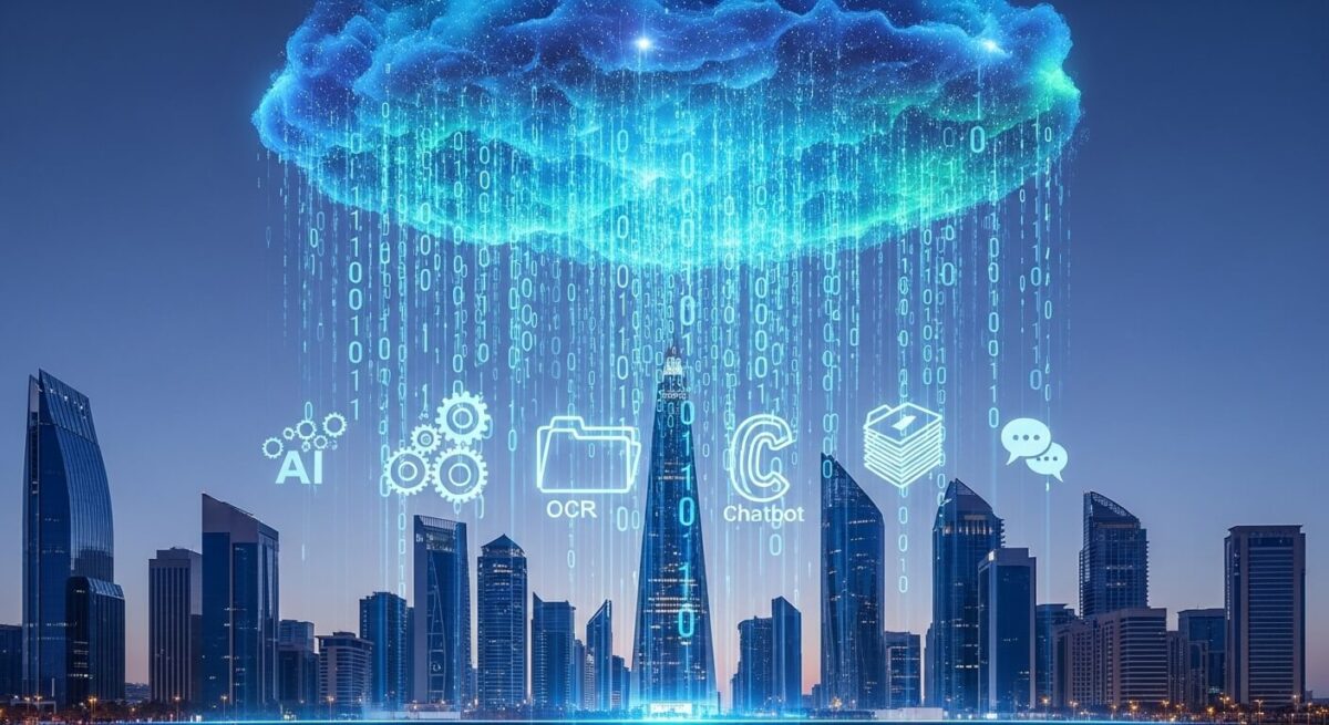 مشهد مستقبلي لسحابة رقمية مضيئة تطلق بيانات إلى مبانٍ ذكية في الرياض، ترمز إلى مشاريع لها مستقبل في التحول الرقمي والذكاء الاصطناعي.