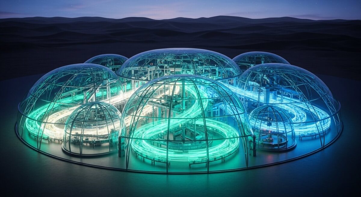 مركز تدوير حديث بتقنية ثلاثية الأبعاد يظهر خطوطًا ضوئية تمثل فرز المواد وإعادة استخدامها، يرمز إلى مشاريع لها مستقبل في البيئة والاستدامة بالمملكة.