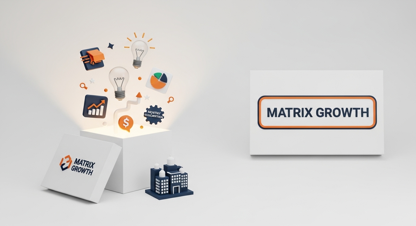 صورة ثلاثية الأبعاد لصندوق مضيء تخرج منه رموز تعبّر عن مشاريع لم تخطر على البال لعام 2025 في السعودية، بألوان ماتريكس جروث التي تعكس الإبداع والنمو.