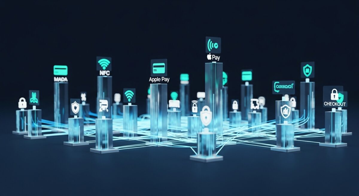 مشهد رقمي ثلاثي الأبعاد يبرز شبكة مدفوعات إلكترونية متكاملة تضم رموز Mada وApple Pay، يرمز إلى مشاريع لها مستقبل في التحصيل والدفع الذكي بالسعودية.