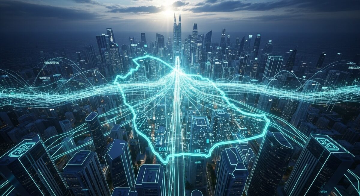 صورة ثلاثية الأبعاد لألواح طاقة شمسية على أسطح مبانٍ في الرياض، متصلة بخطوط بيانات مضيئة تعبّر عن كفاءة التشغيل، تمثل أحد مشاريع لها مستقبل في الطاقة المتجددة داخل المملكة.