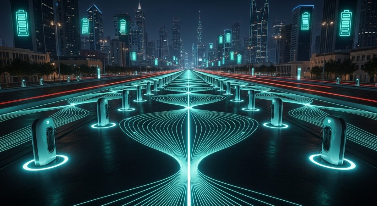 شارع مستقبلي في الرياض مضاء بمحطات شحن سيارات كهربائية متوهجة باللون الفيروزي، يرمز إلى مشاريع لها مستقبل في الطاقة والنقل الذكي.