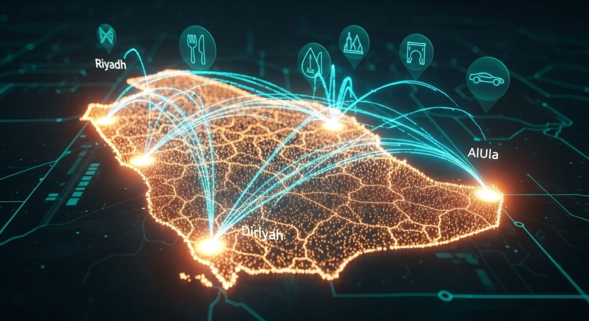 خريطة ضوئية للمملكة تربط بين الرياض والدرعية والعلا عبر مسارات متوهجة، تعبّر عن مشاريع لها مستقبل في السياحة وتجارب الزوار الذكية.