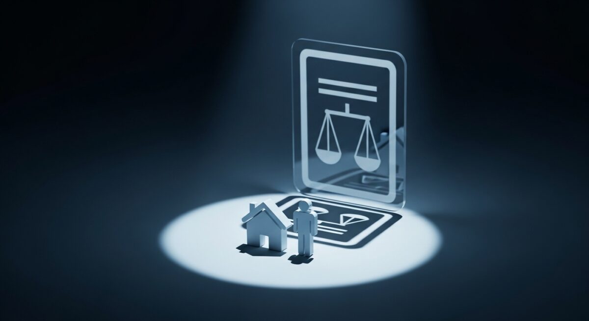 مشهد سينمائي يظهر أيقونة بيت وشخص صغيرين داخل دائرة ضوء، يغطيهما ظل وثيقة نظامية كبيرة يرمز لهيمنة الإطار النظامي لوافي على المطوّر والمشتري.