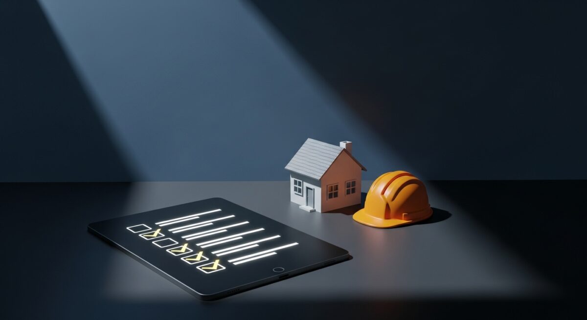 صورة سينمائية لسطح مكتب داكن عليه قائمة شروط مضيئة ونموذج بيت وخوذة تنفيذ، مع ظلال ممتدة، تعبّر عن الشروط الأساسية التي يجب على المطور العقاري استيفاؤها ضمن برنامج وافي.