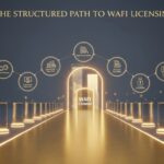 صورة ثلاثية الأبعاد تظهر طريقًا ذهبيًا مضاءً تحفّه أعمدة شفافة تمثل شروط برنامج وافي، وتنتهي ببوابة مضيئة ترمز إلى الترخيص العقاري المنظم في السعودية.