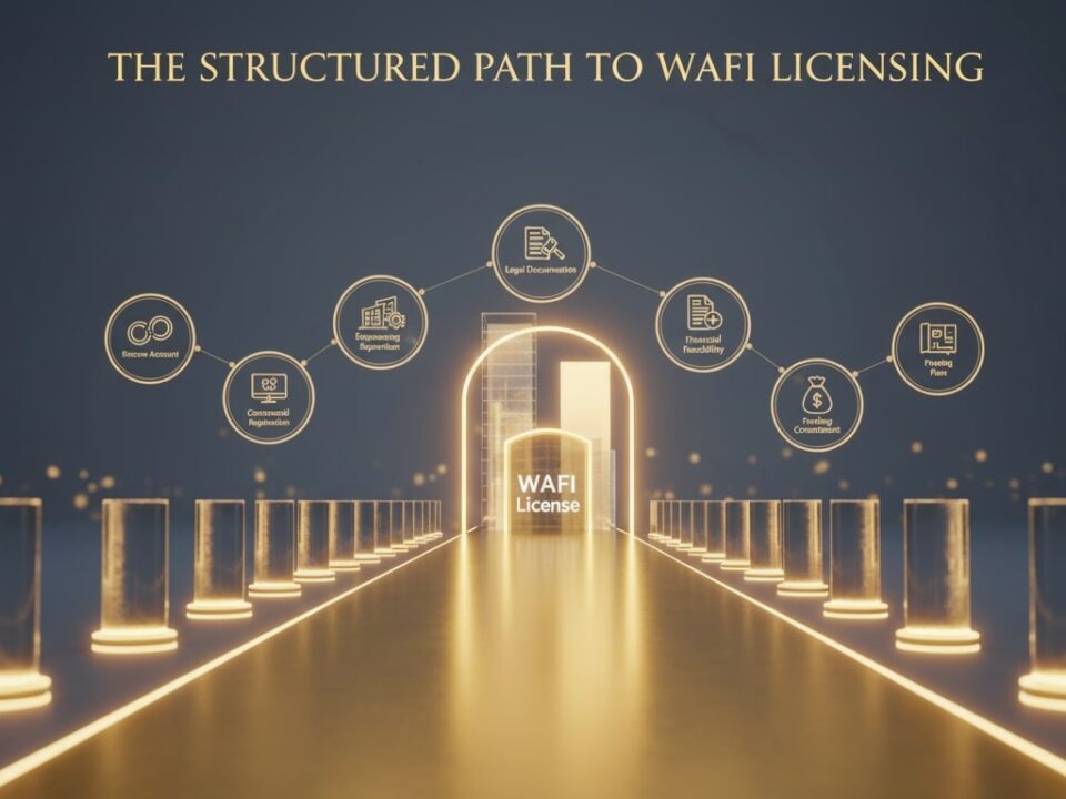 صورة ثلاثية الأبعاد تظهر طريقًا ذهبيًا مضاءً تحفّه أعمدة شفافة تمثل شروط برنامج وافي، وتنتهي ببوابة مضيئة ترمز إلى الترخيص العقاري المنظم في السعودية.