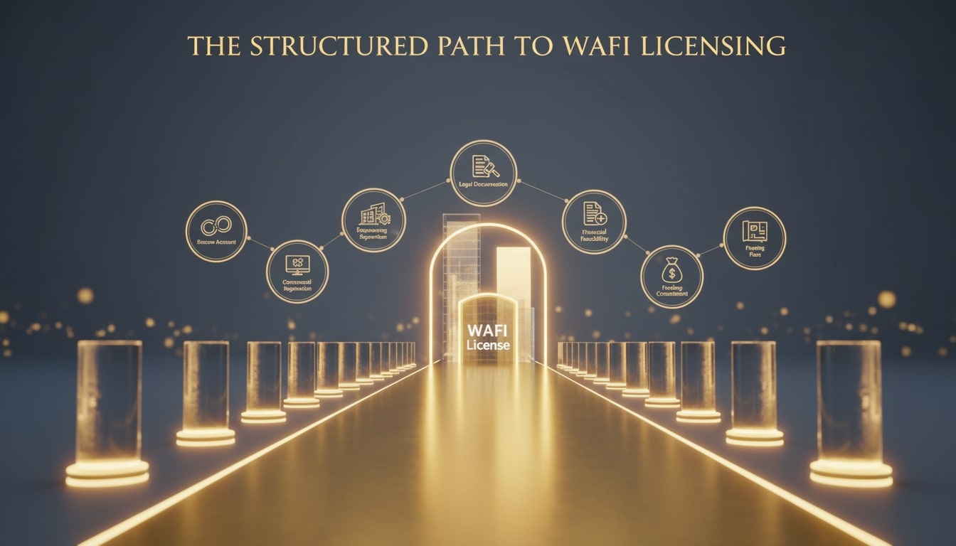 صورة ثلاثية الأبعاد تظهر طريقًا ذهبيًا مضاءً تحفّه أعمدة شفافة تمثل شروط برنامج وافي، وتنتهي ببوابة مضيئة ترمز إلى الترخيص العقاري المنظم في السعودية.