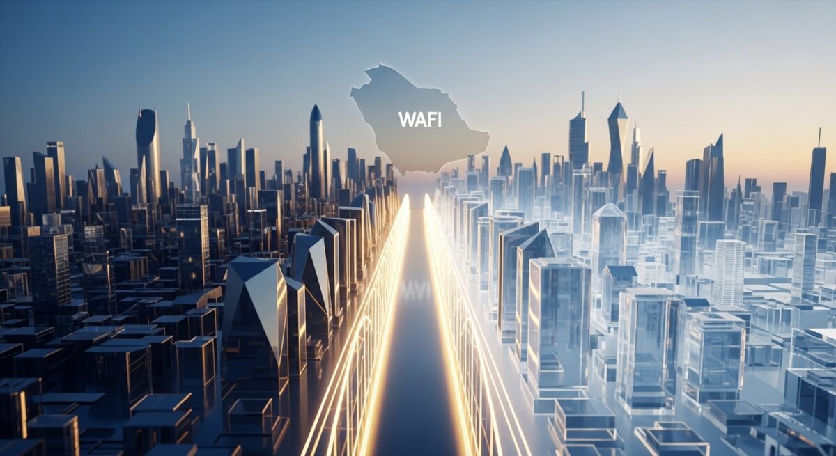 صورة ثلاثية الأبعاد بإضاءة سينمائية لجسر مضيء يمتد بين جانب مظلم وآخر منير داخل مدينة سعودية حديثة، يرمز إلى دور برنامج وافي في بناء الثقة وتنظيم السوق العقاري في السعودية.