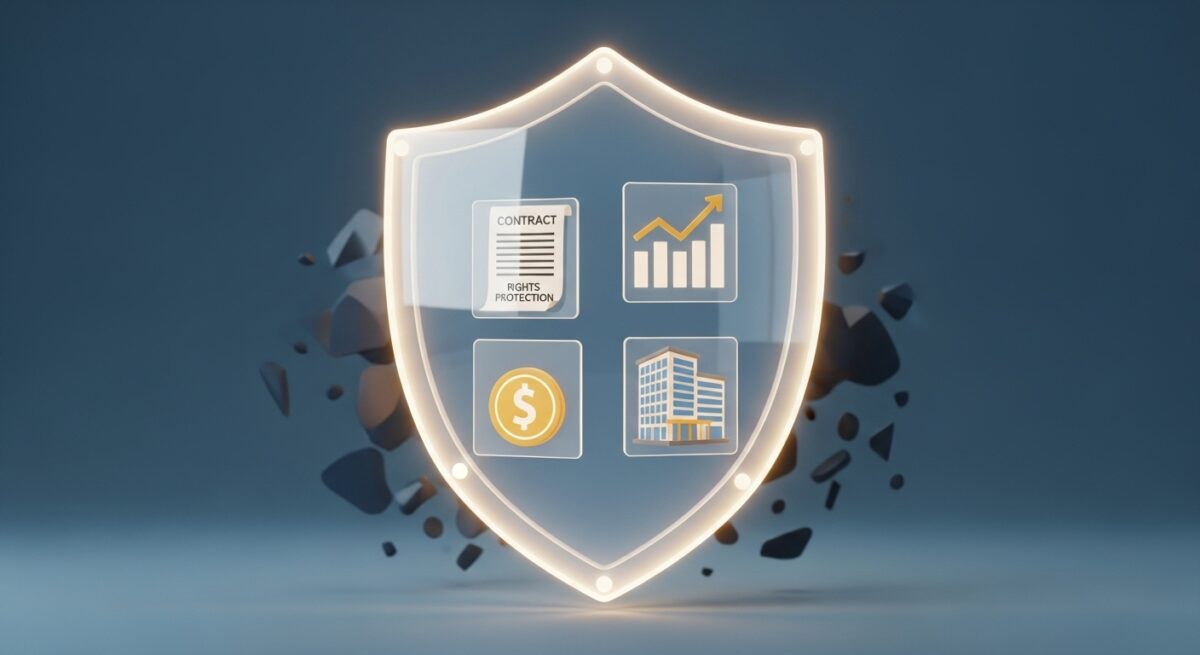 صورة ثلاثية الأبعاد تُظهر درعًا زجاجيًا شفافًا بداخله رموز لعقد وتمويل ومبنى ورسم بياني، تعبّر عن الفوائد الأساسية لبرنامج وافي في حماية الحقوق وتنظيم السوق العقاري.