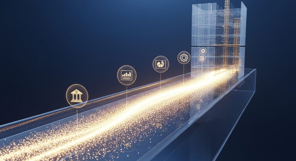 صورة ثلاثية الأبعاد بإضاءة سينمائية تُظهر تدفقًا ذهبيًا من الضوء داخل قناة زجاجية نحو مشروع عقاري مضيء، تمثل كيفية عمل برنامج وافي من منظور المستثمر بتنظيم مالي وهندسي دقيق.