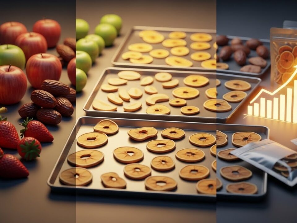 صورة تُظهر انتقال الفاكهة الطازجة إلى فاكهة مجففة ومغلفة تجاريًا، تعبّر عن دراسة جدوى مشروع تجفيف الفاكهة في السعودية وتحويل الفائض الزراعي إلى منتج مربح.