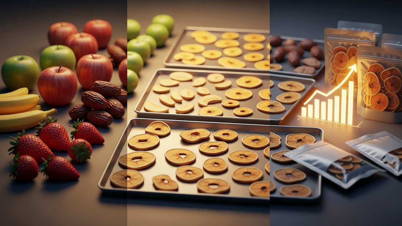 صورة تُظهر انتقال الفاكهة الطازجة إلى فاكهة مجففة ومغلفة تجاريًا، تعبّر عن دراسة جدوى مشروع تجفيف الفاكهة في السعودية وتحويل الفائض الزراعي إلى منتج مربح.