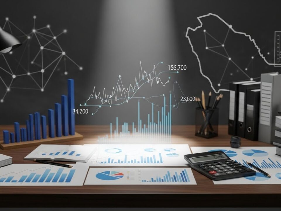 صورة لمساحة عمل تحتوي على تقارير ورسوم بيانية وأرقام مالية تعبّر عن دراسة جدوى مشروع واتخاذ قرار استثماري مبني على الأرقام في السعودية.