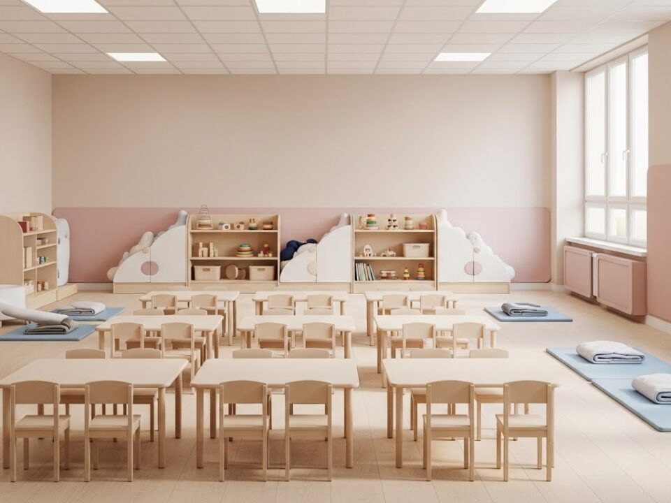 مشهد داخلي لحضانة أطفال حديثة ومنظّمة بدون أطفال، تعبّر عن دراسة جدوى مشروع حضانة pdf وحضانة جاهزة للتشغيل والترخيص.