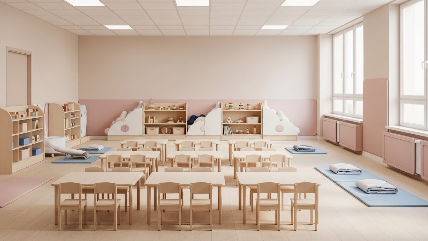 مشهد داخلي لحضانة أطفال حديثة ومنظّمة بدون أطفال، تعبّر عن دراسة جدوى مشروع حضانة pdf وحضانة جاهزة للتشغيل والترخيص.