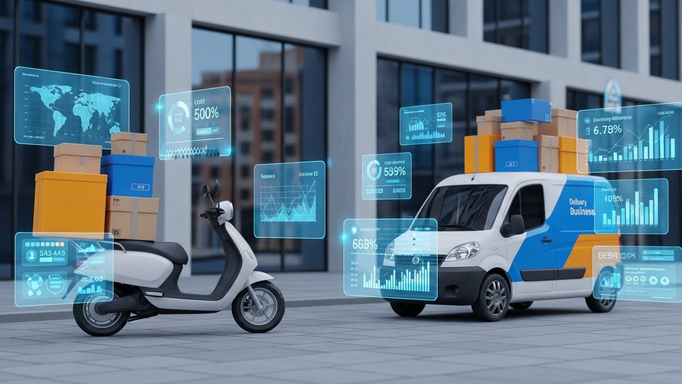 صورة لمركبة توصيل حديثة مع طرود ورسوم تحليل مالي تعبّر عن دراسة جدوى مشروع توصيل طلبات pdf في السعودية وتحليل التكاليف والربحية.