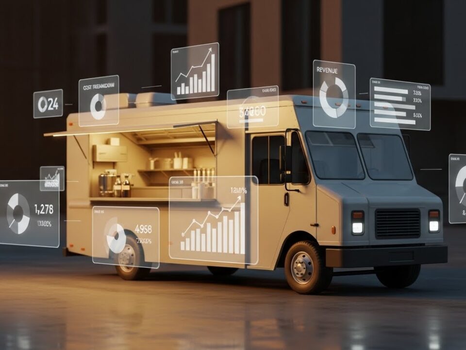 صورة لفود ترك حديث مع رسوم وأرقام تحليل مالي تعبّر عن دراسة جدوى مشروع فود ترك pdf في السعودية تشمل التكاليف والتراخيص والربحية.